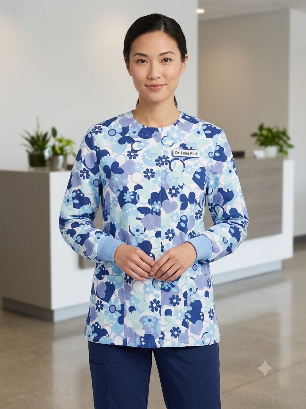 UA Scrubs Green Label with Gold Logo on Blue Floral Jacket.     Size S.    SB 4